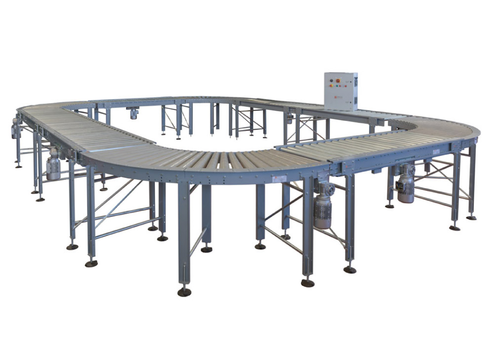 EOL system with curved motorized conveyors for boxes