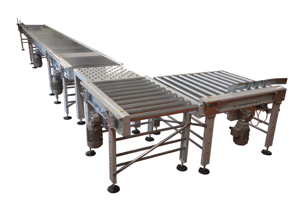 EOL system with motorized conveyors and ball transfer table