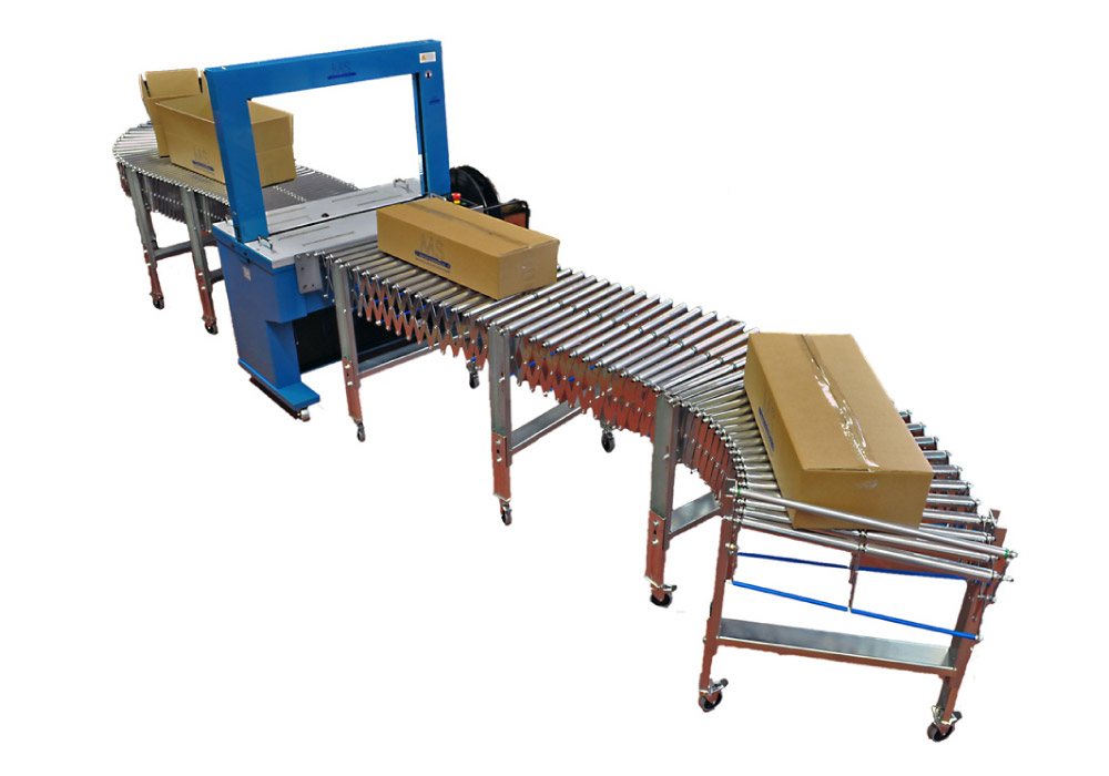 Strapping system with extendable roller conveyors