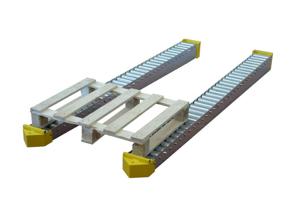 Gravity rail conveyor for pallets and skids