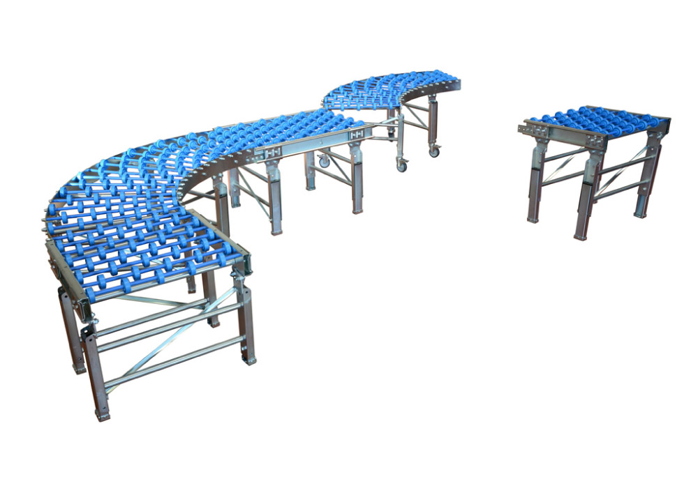 Wheel conveyor with extendable modules up to 90°