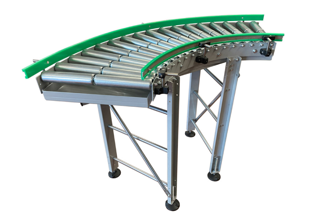 Curved roller conveyor with guides and drip tray
