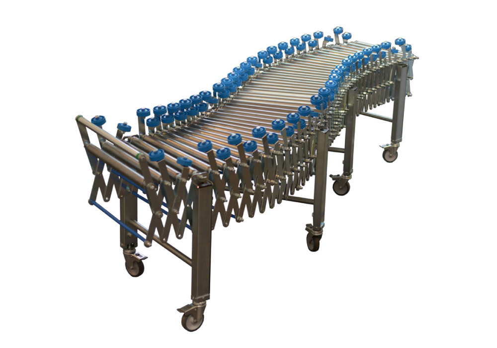 Extendable roller conveyor with product guides
