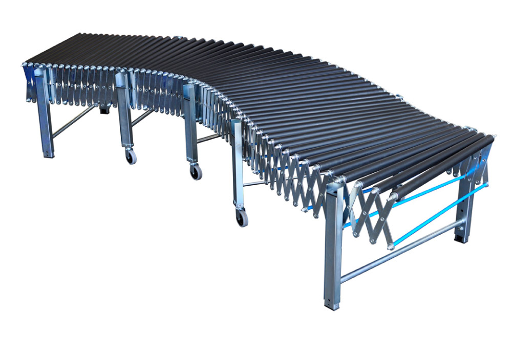 Extendable roller conveyor with rubber-coated rollers for delicate products