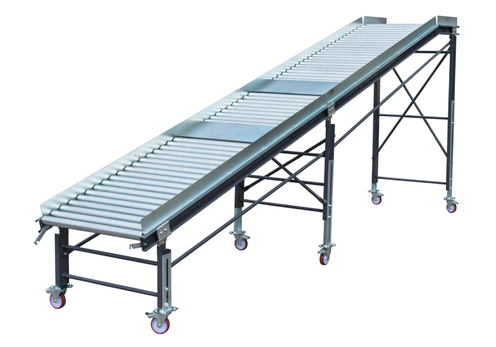 Idler roller conveyor for unloading trucks and containers