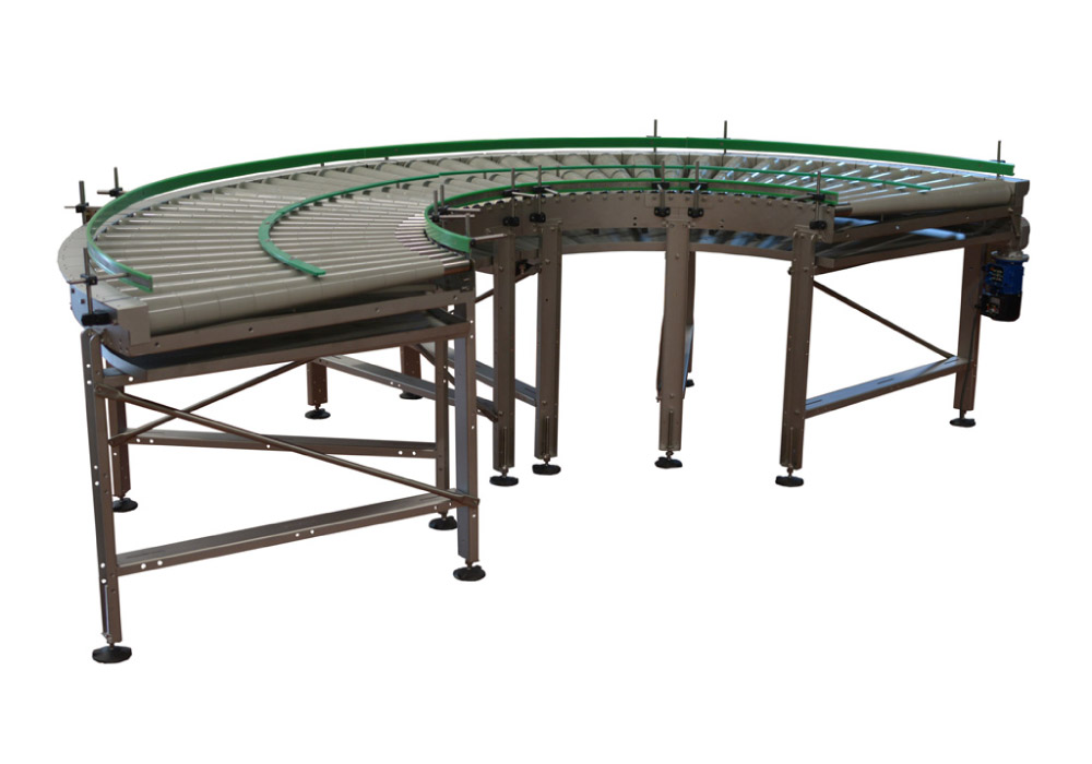 Stainless steel curved motorized conveyor for the food industry